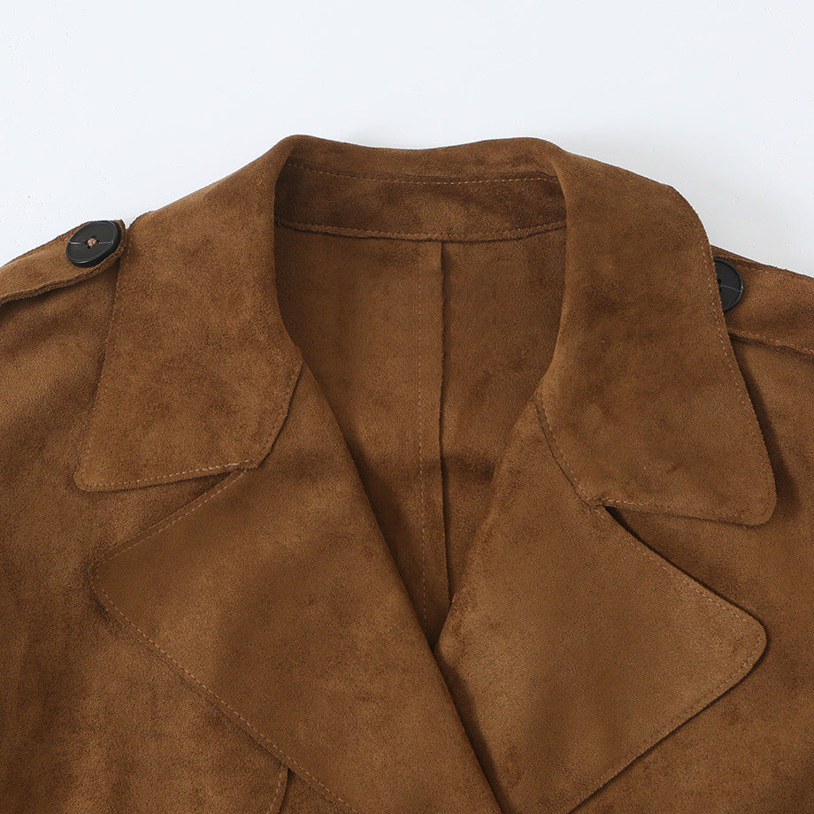 Women's Tailored Short Trench in Suede Look with Double-Breasted Button Placket and Epaulettes EVA-US