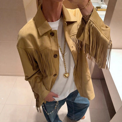 Women's Oversize Fringed Jacket in Western Style made of Suede Look with Shirt Collar EVA-US