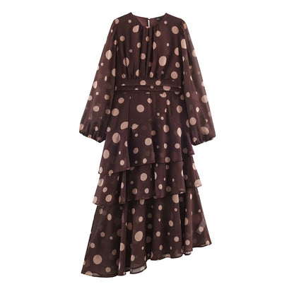 Women's Tiered Chiffon Midi Dress with Ruffles, Transparent Balloon Sleeves and Polka Dot Print EVA-US