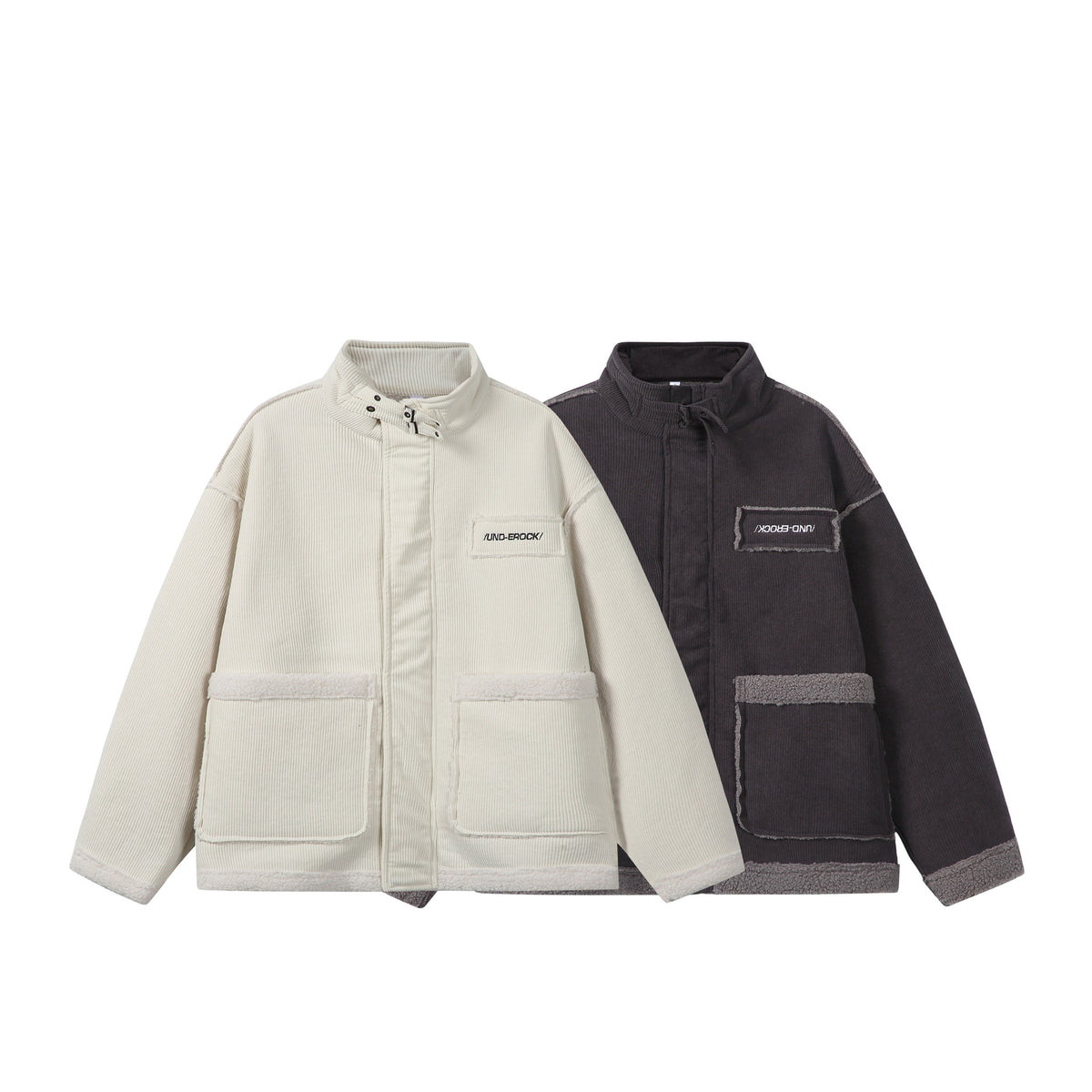 Unisex Short-cut Cord Jacket with Teddy Trim and Funnel Neck EVA-US