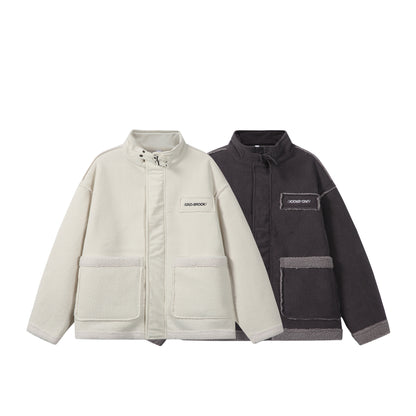 Unisex Short-cut Cord Jacket with Teddy Trim and Funnel Neck EVA-US