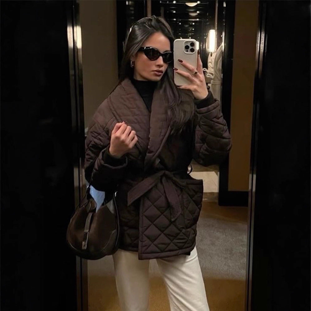 Women's quilted wrap jacket with waist tie belt and shawl collar EVA-US