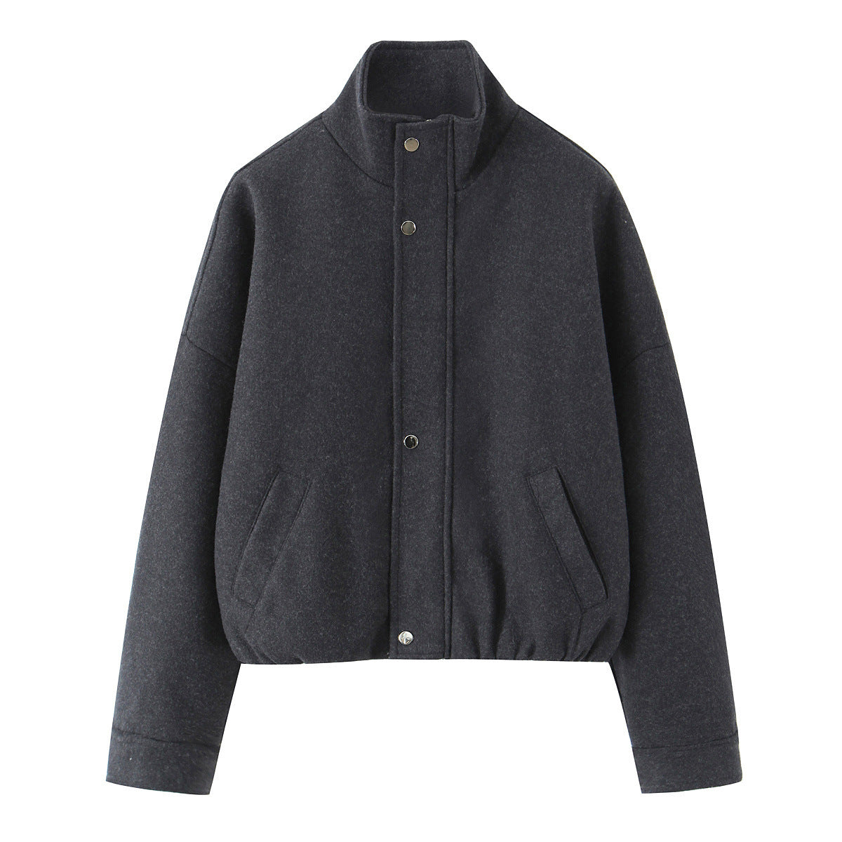 Women's short bomber-style jacket with stand-up collar, snap button placket, and elastic hem EVA-US
