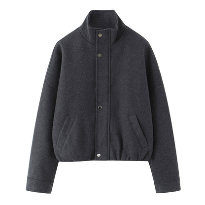 Women's short bomber-style jacket with stand-up collar, snap button placket, and elastic hem EVA-US