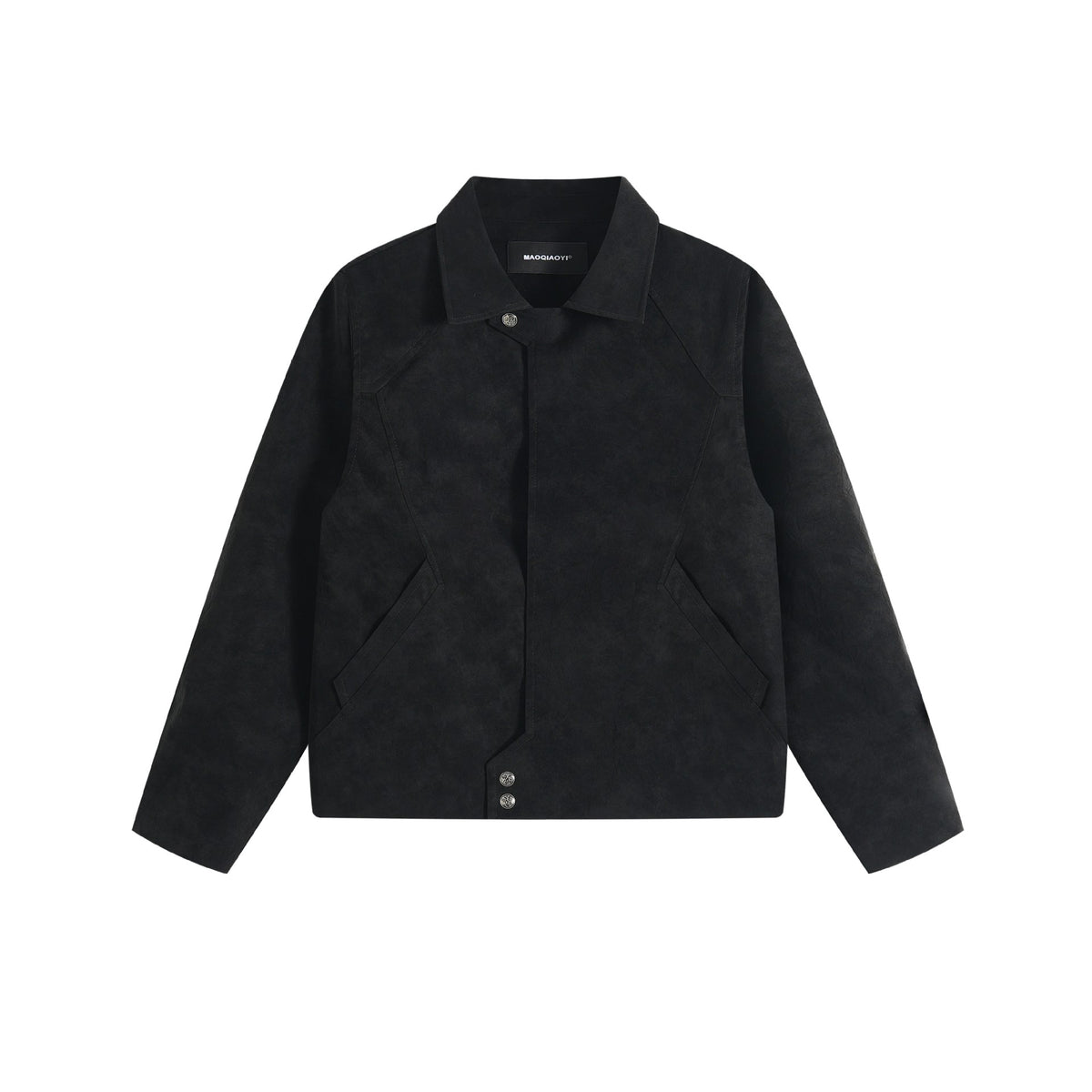 Men's short jacket in suede look with asymmetric front flap and geometric flap pockets.