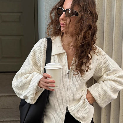 Women's Ribbed Cardigan with Zipper, Shirt Collar & Balloon Sleeves EVA-US