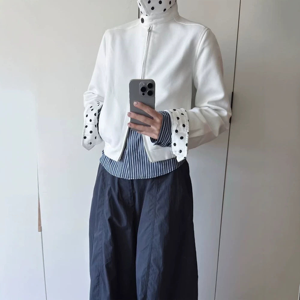 Women’s short-cut blouson jacket with stand-up collar, concealed zipper and contrasting polka dot patterned lining EVA-US
