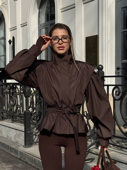Women Tailored Peplum Jacket with Tie Belt and Voluminous Sleeves EVA-US