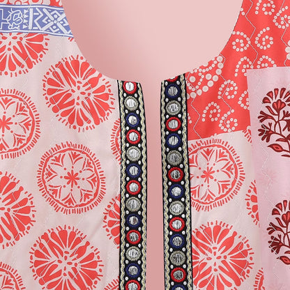 Women's sleeveless short vest with patchwork print, decorative trim and round neckline EVA-US