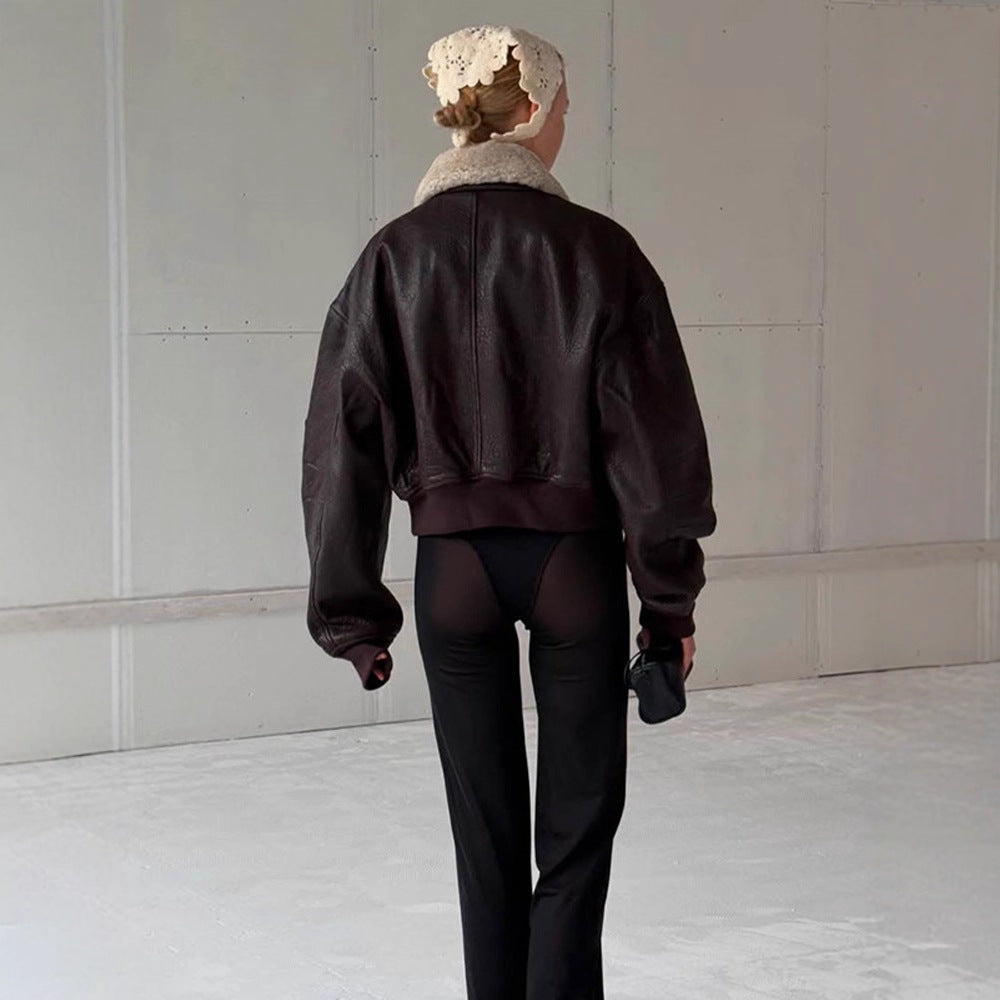 Women's oversized aviator jacket in biker-bomber style with teddy collar EVA-US