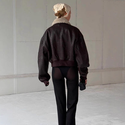 Women's oversized aviator jacket in biker-bomber style with teddy collar EVA-US