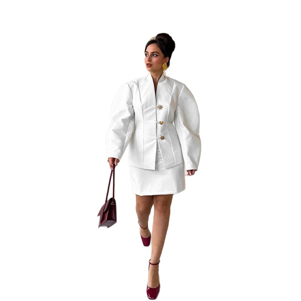 Women's Tailored Blazer Suit with Sculptural Balloon Sleeves and Mini Skirt EVA-US