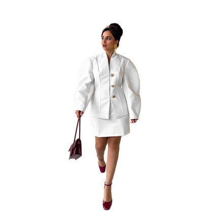 Women's Tailored Blazer Suit with Sculptural Balloon Sleeves and Mini Skirt EVA-US