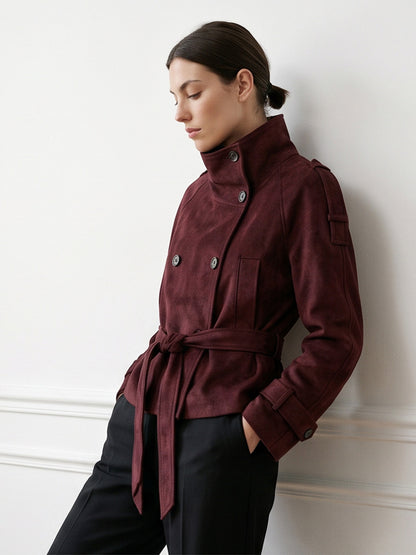Women's Tailored Short Jacket in Suede Look with Double Breasted and Stand-Up Collar EVA-US