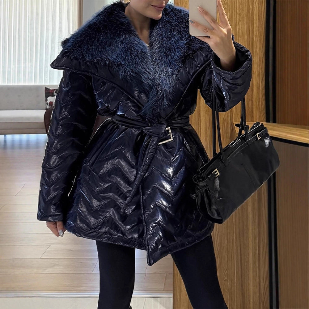 Ladies Shiny Padded Jacket with Waist Belt and Voluminous Faux Fur Collar EVA-US