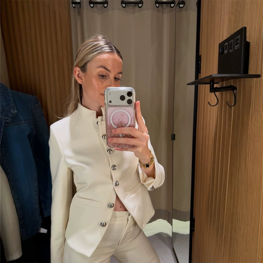 Women's Tailored Blazer with Stand Collar and Silver Decorative Buttons EVA-US