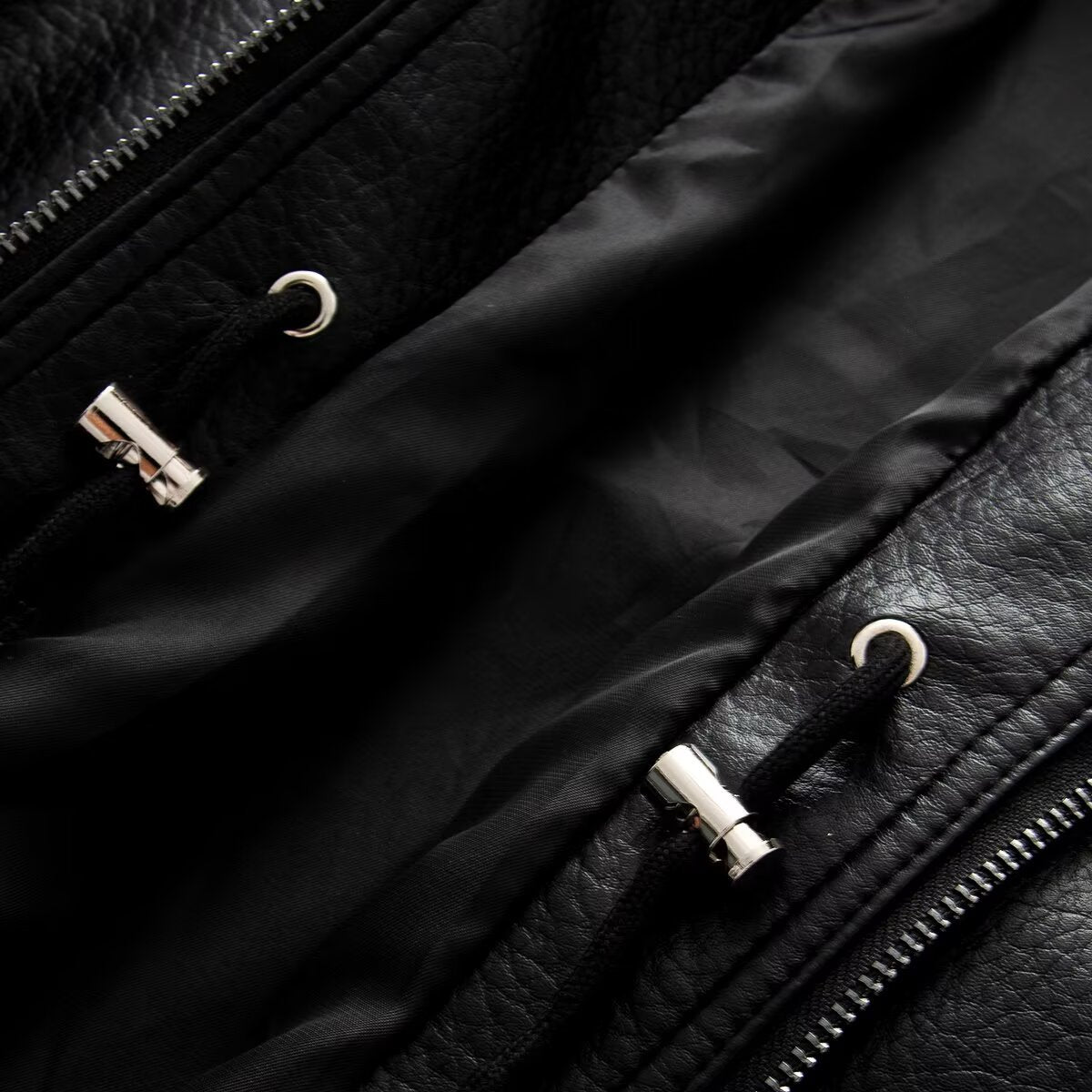 Women Oversized Double-Breasted Faux Leather Coat with Drawstring and Stand-Up Collar EVA-US