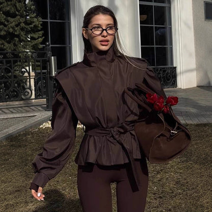 Women Tailored Peplum Jacket with Tie Belt and Voluminous Sleeves EVA-US