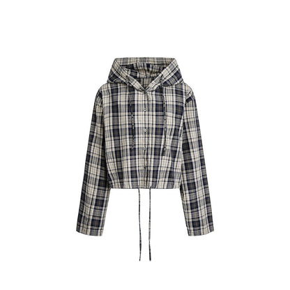 Women's short-cut hooded shirt jacket in checkered look with drawstring hem EVA-US
