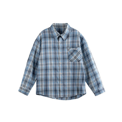 Women's Loose Checkered Shirt Blouse in Boxy Relaxed Cut with Patch Breast Pocket and Fine Embroidery EVA-US