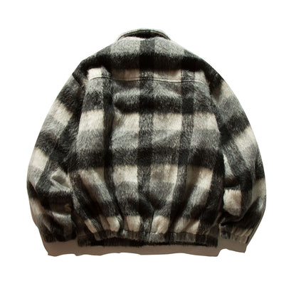 Unisex Short-cut checkered faux fur bomber jacket with stand-up collar and concealed zipper EVA-US