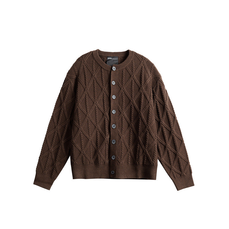 Ladies' knitted cardigan in boxy cut with textured diamond pattern, round neck and continuous button placket EVA-US