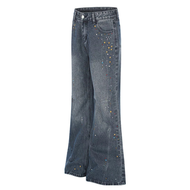 Women High-Waist Flared Jeans with Pearl and Stud Decoration EVA-US