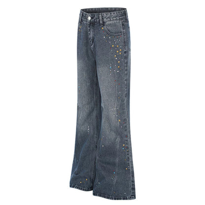 Women High-Waist Flared Jeans with Pearl and Stud Decoration EVA-US