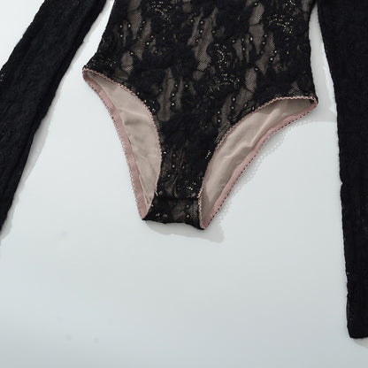 Women's lace bodysuit with long sleeves, deep V-neck and fine tulle lace.