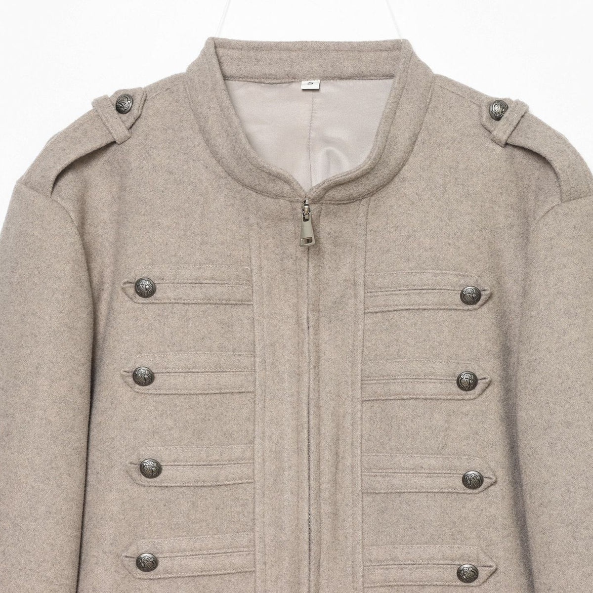 Women's Short Jacket Military-inspired Wool Blend Cropped Jacket with Stand Collar, Epaulettes and Decorative Button Placket EVA-US