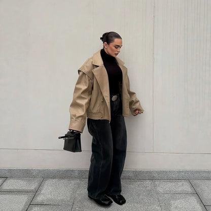 Women's Oversized Faux Leather Bomber Jacket with Boxy Cut and Wide Lapels EVA-US