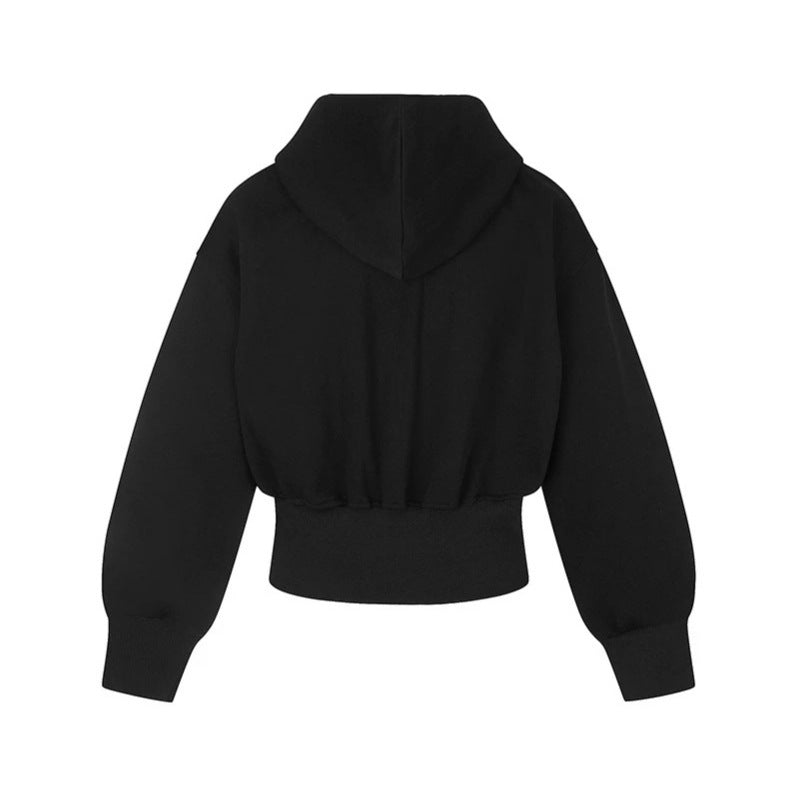 Ladies Short Hooded Sweat Jacket with Full Zip, Wide Ribbed Hem and Rhinestone Logo EVA-US