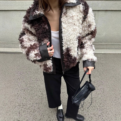 Women's short jacket made of curly bouclé faux fur with leather look detailing EVA-US