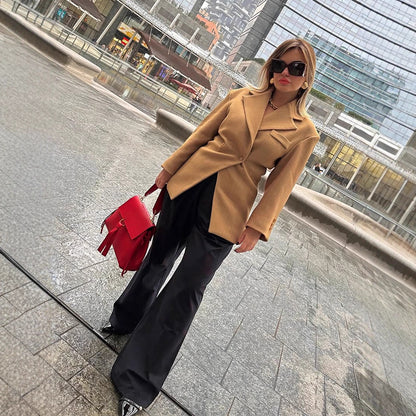Women's Tailored Wool Blend Blazer with Emphasized Waist and Distinctive Shoulder Area EVA-US