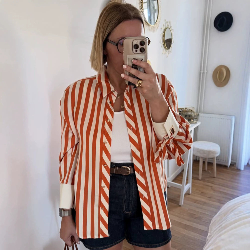 Women Striped Oversized Shirt Blouse with Ties on Sleeves and Concealed Button Placket EVA-US