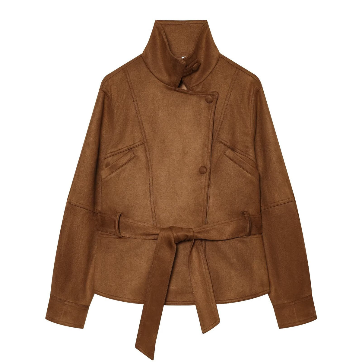 Women's tailored short jacket made of soft suede imitation with asymmetrical button placket and tie belt EVA-US