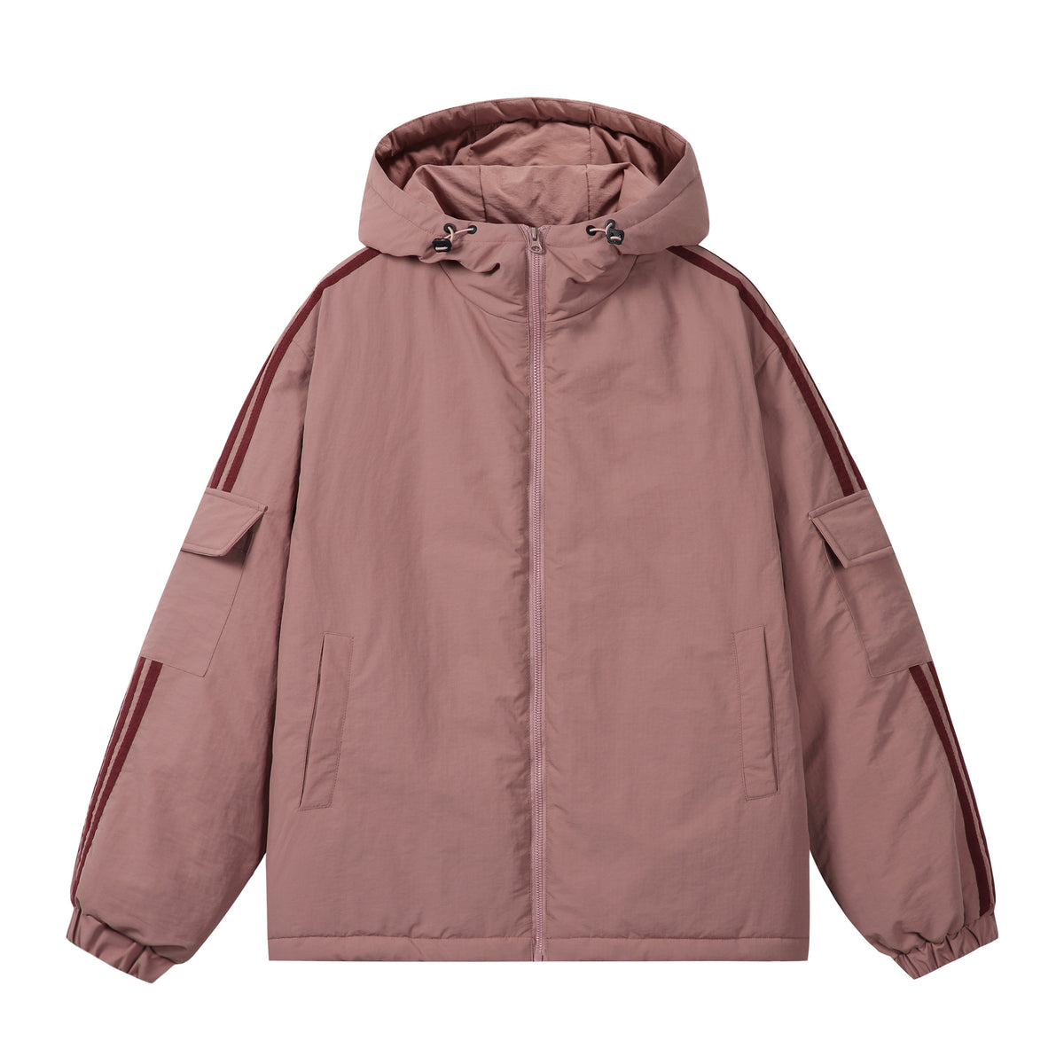 Unisex Short Boxy Padded Hooded Jacket with Sleeve Utility Pocket and Side Insertion Pockets EVA-US