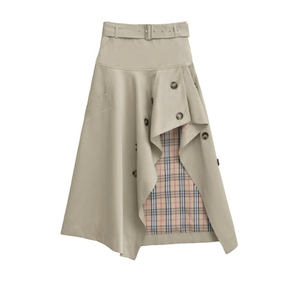 Women's Asymmetrical Trench Skirt with Waist Belt and Decorative Buttons EVA-US