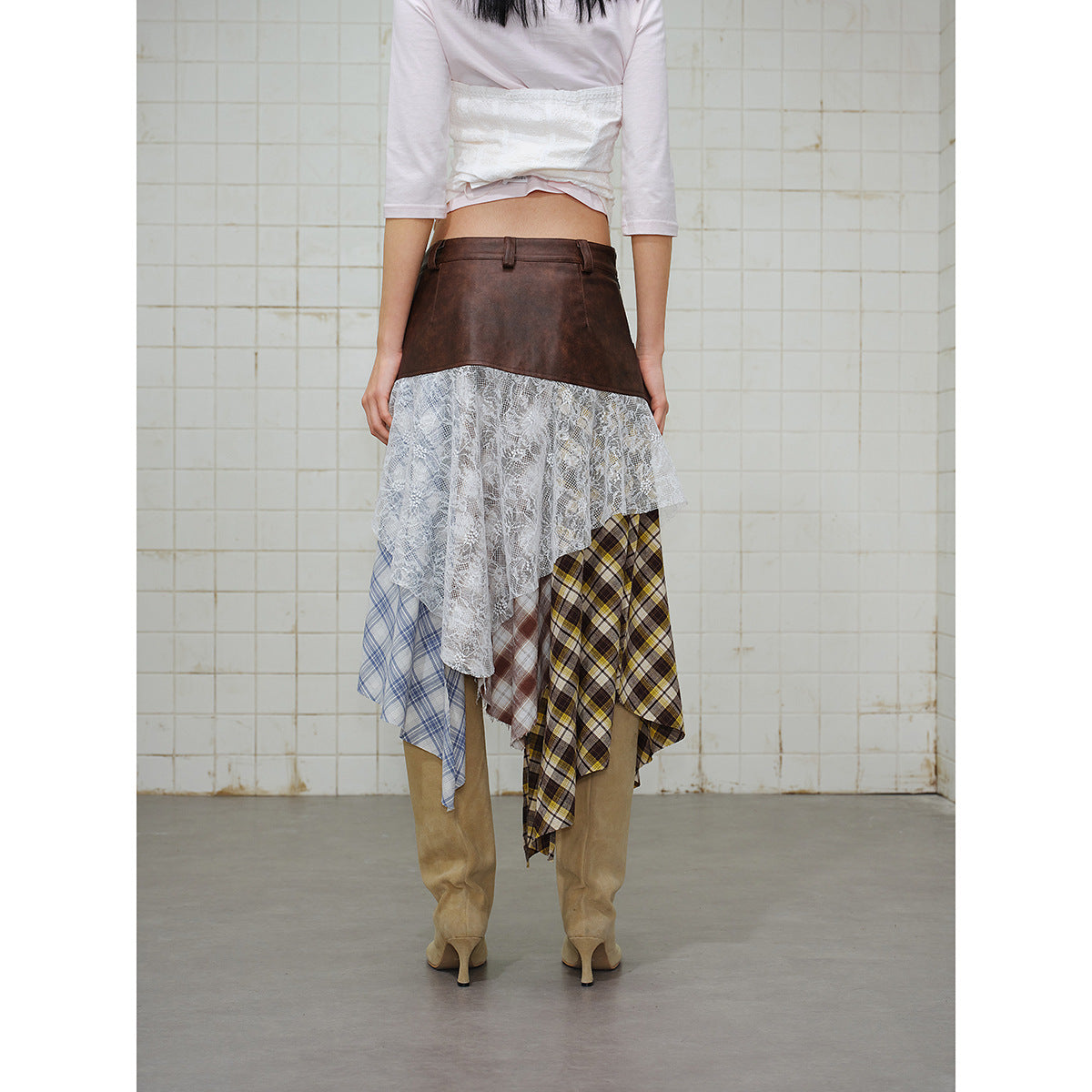 Women Asymmetrical Layered Skirt with Faux Leather Waistband and Plaid Mix EVA-US