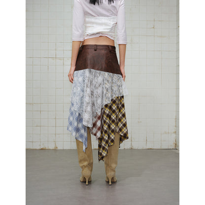 Women Asymmetrical Layered Skirt with Faux Leather Waistband and Plaid Mix EVA-US