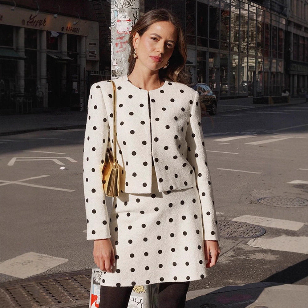 Women's Two-Piece Boucle Set with Cropped Jacket and A-Line Mini Skirt EVA-US