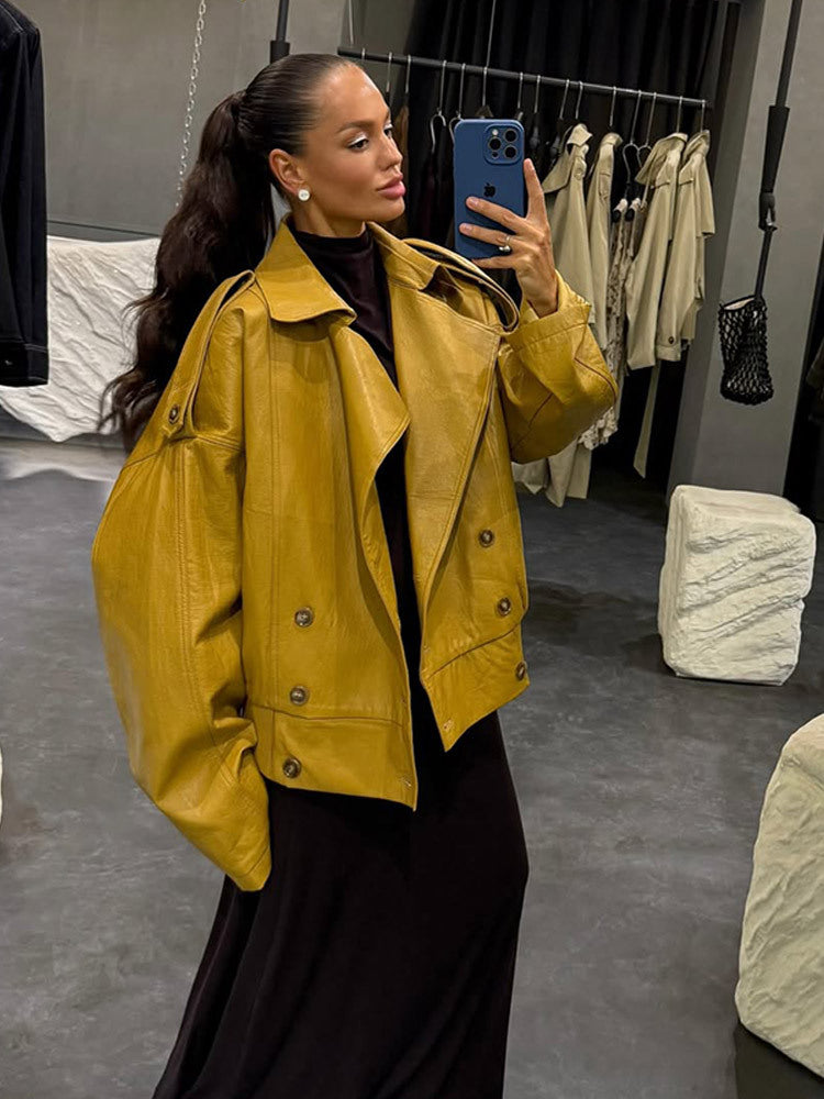Women Oversize Leather Jacket with voluminous balloon sleeves and short boxy silhouette EVA-US