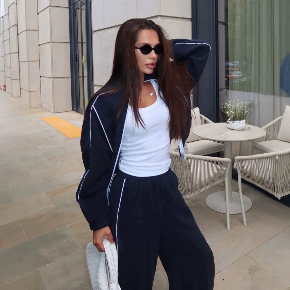 Women two-piece sporty leisure set with zip bomber jacket and wide jogger EVA-US
