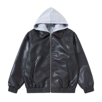 Men's Boxy Leather Blouson with Attached Jersey Hood and Ribbed Hem EVA-US