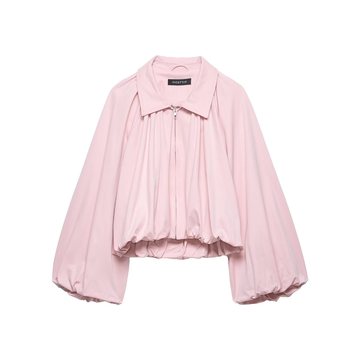 Women's short cut blouson jacket with wide balloon sleeves, zipper, and elastic hem EVA-US