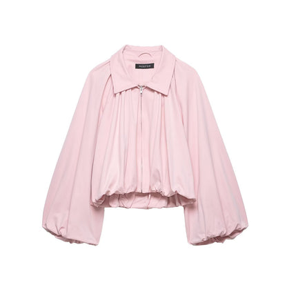 Women's short cut blouson jacket with wide balloon sleeves, zipper, and elastic hem EVA-US