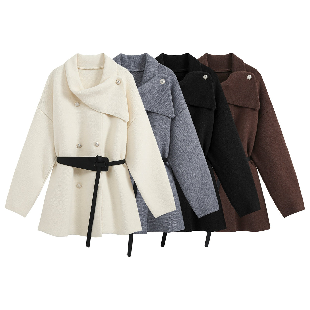 Women's Short Blouson Coat in Cocoon Cut with Asymmetrical Shawl Collar and Waist Belt EVA-US