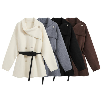 Women's Short Blouson Coat in Cocoon Cut with Asymmetrical Shawl Collar and Waist Belt EVA-US