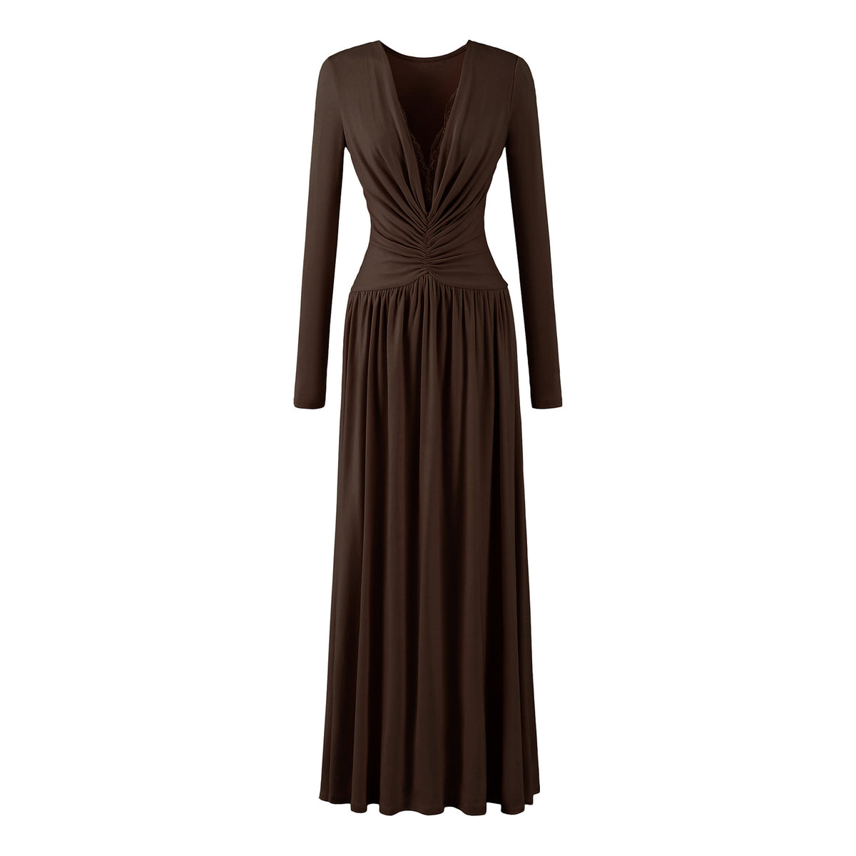 Women Maxi Dress with Ruched Wrap Top, Deep V-Neck and Lace Trim EVA-US