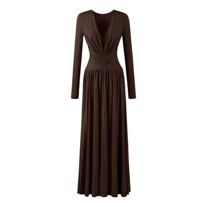 Women Maxi Dress with Ruched Wrap Top, Deep V-Neck and Lace Trim EVA-US